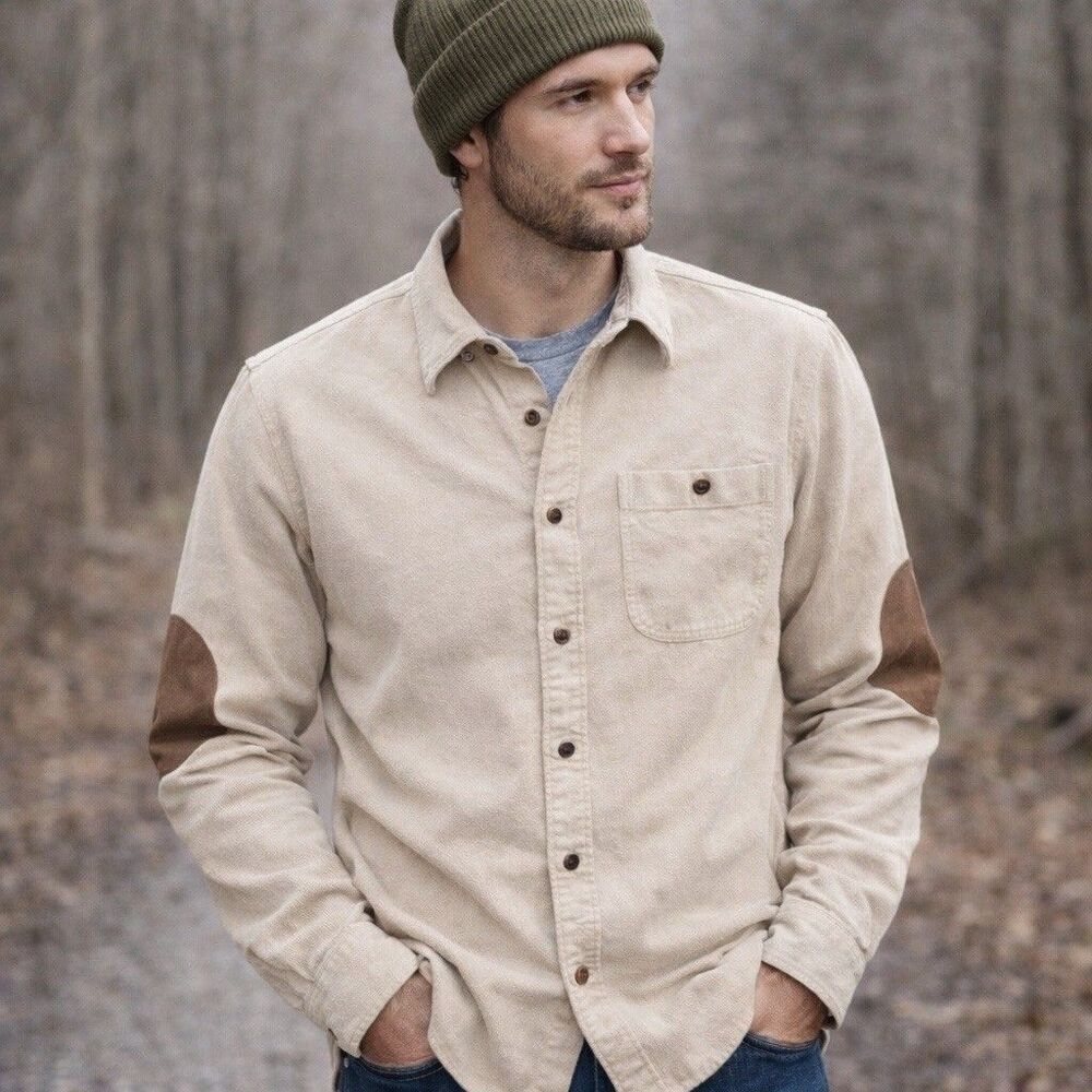 J.Crew Workshirt Men’s Large Tan Button Down Suede Elbow Patch Rugged